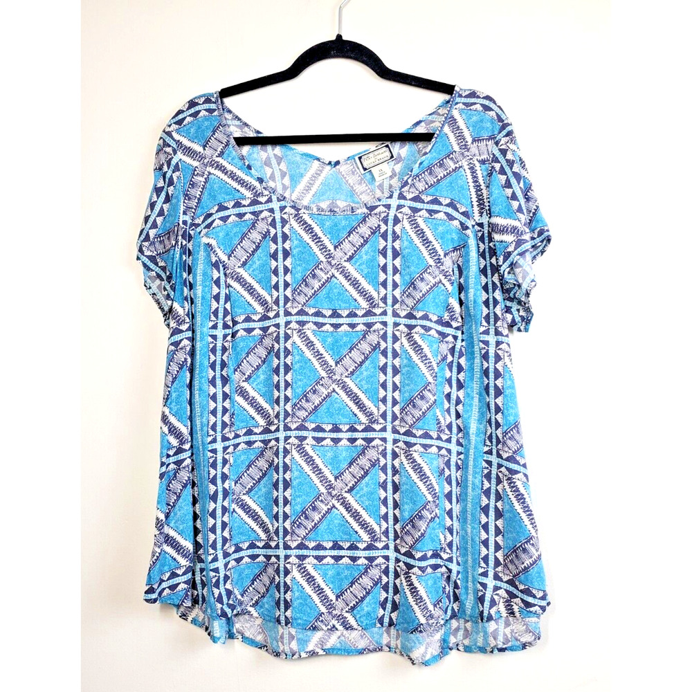 Lucky Brand Womens‎ 1X Peasant Top Boho Printed Bohemian Blue Lightweight